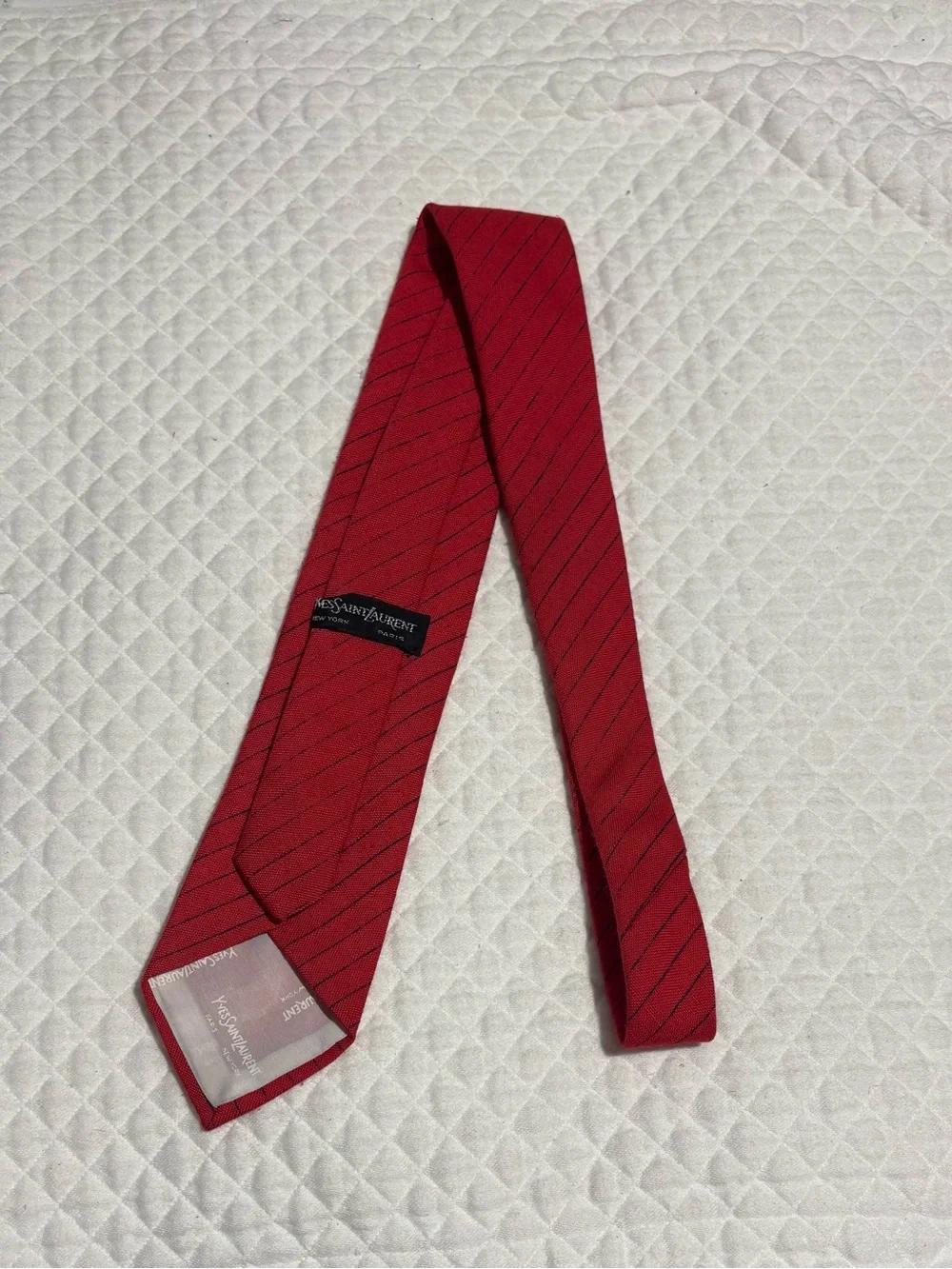Yves Saint Laurent Vintage Red Pinstripe Silk Tie with YSL Embroidery